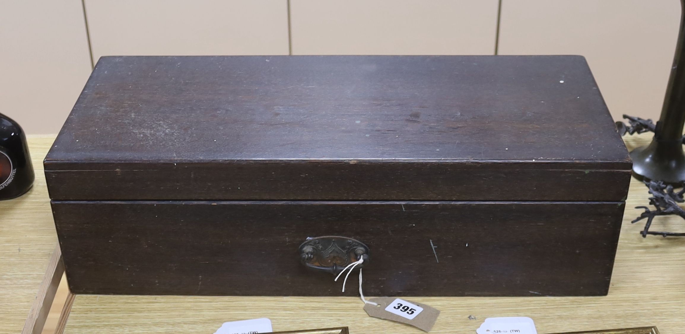 A 19th century oak box with embossed Art Nouveau copper handle, length 53cm